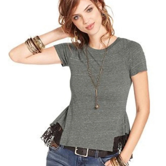Free People Peplum Lace Ruffle Trim Tee Shirt Small - Picture 2 of 6
